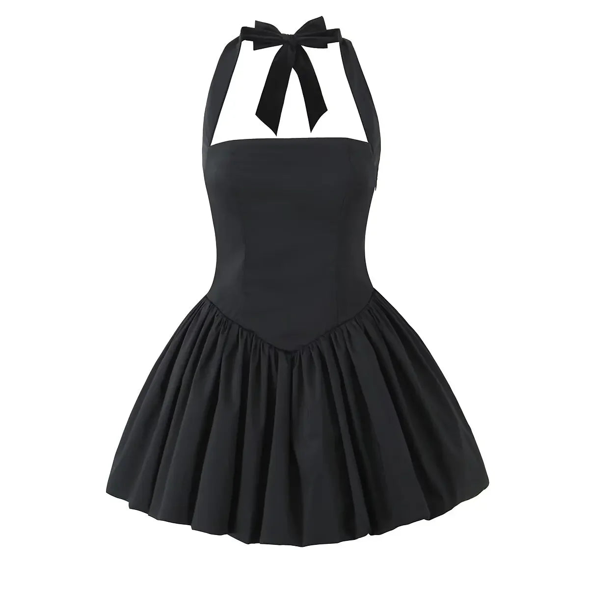 YENKYE Sexy Backless Pleated Hem Halter Ball Gown Dress Women Lace Up Back White Black Elegant Party Mini Dresses Summer Robe