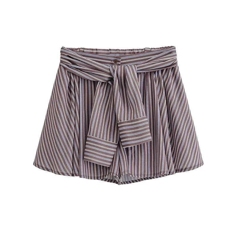 YENKYE New 2026 Striped Shorts Women High Waist With Belt A Line Casual Summer Skort For Daily Office