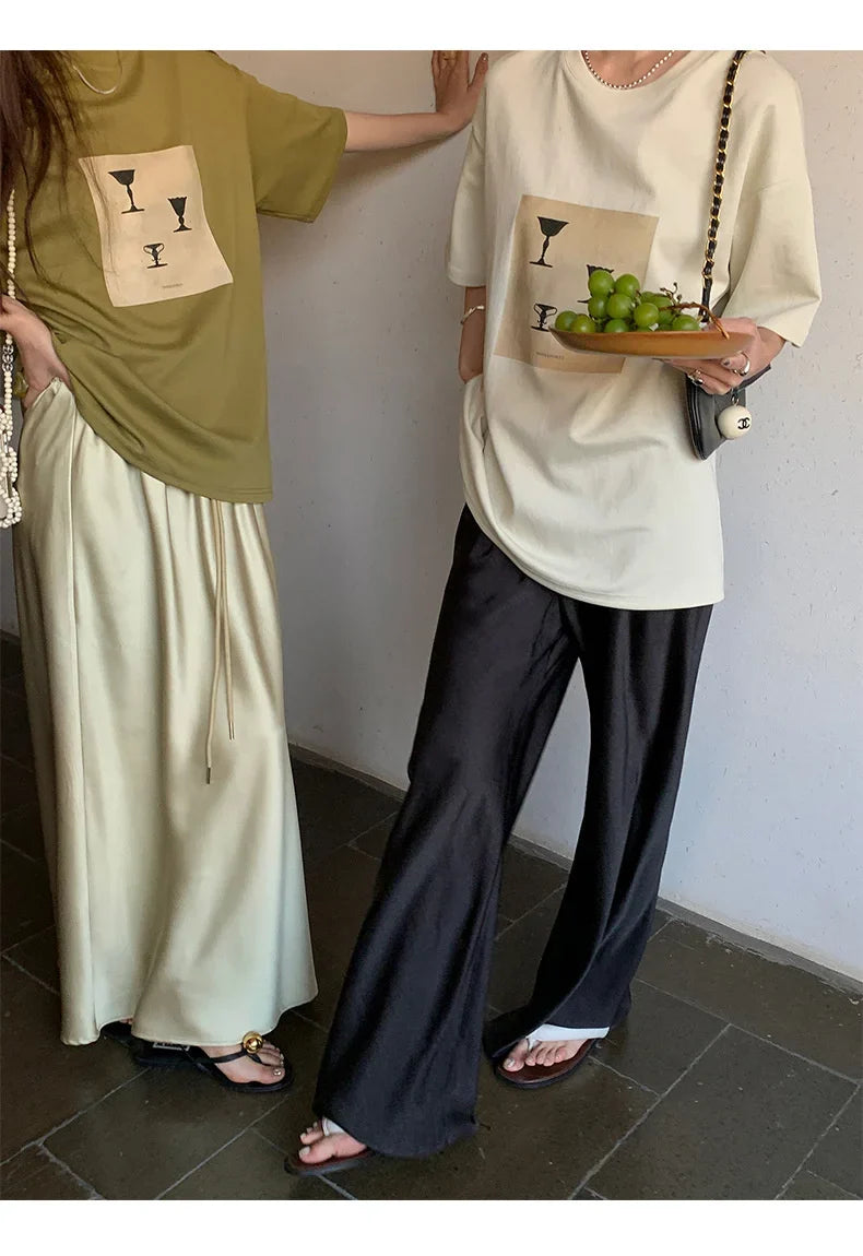 Satin Wide Leg Pants Long Floor Casual Pants Women's Summer