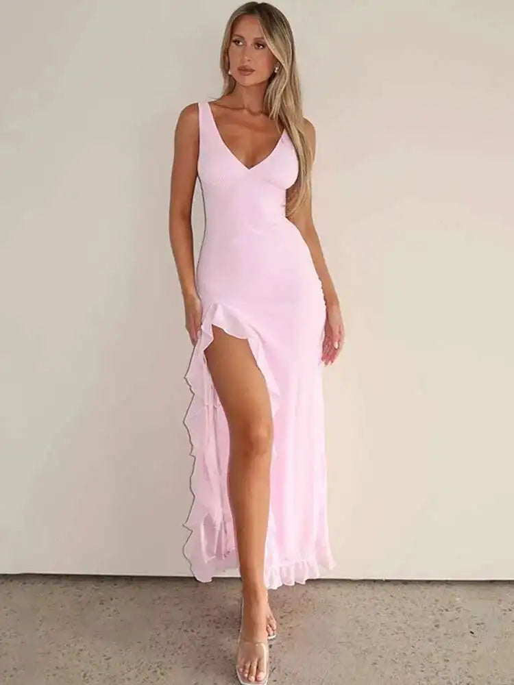 Avrilyaan Ruffle High Split Sexy Dress Women 2024 Robes Elegant Evening Summer Dress Backless Party Long Midi Dress Vestidos