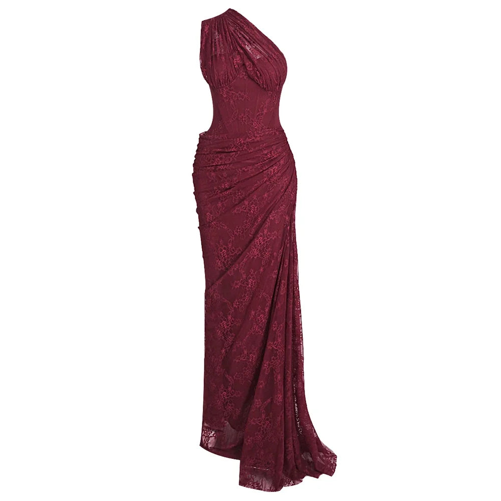 VC 2026 Yellow One Shoulder Corset Lace Maxi Dress For Women Side Ruched High Slit Wedding Guest Bridesmaid Formal Dress