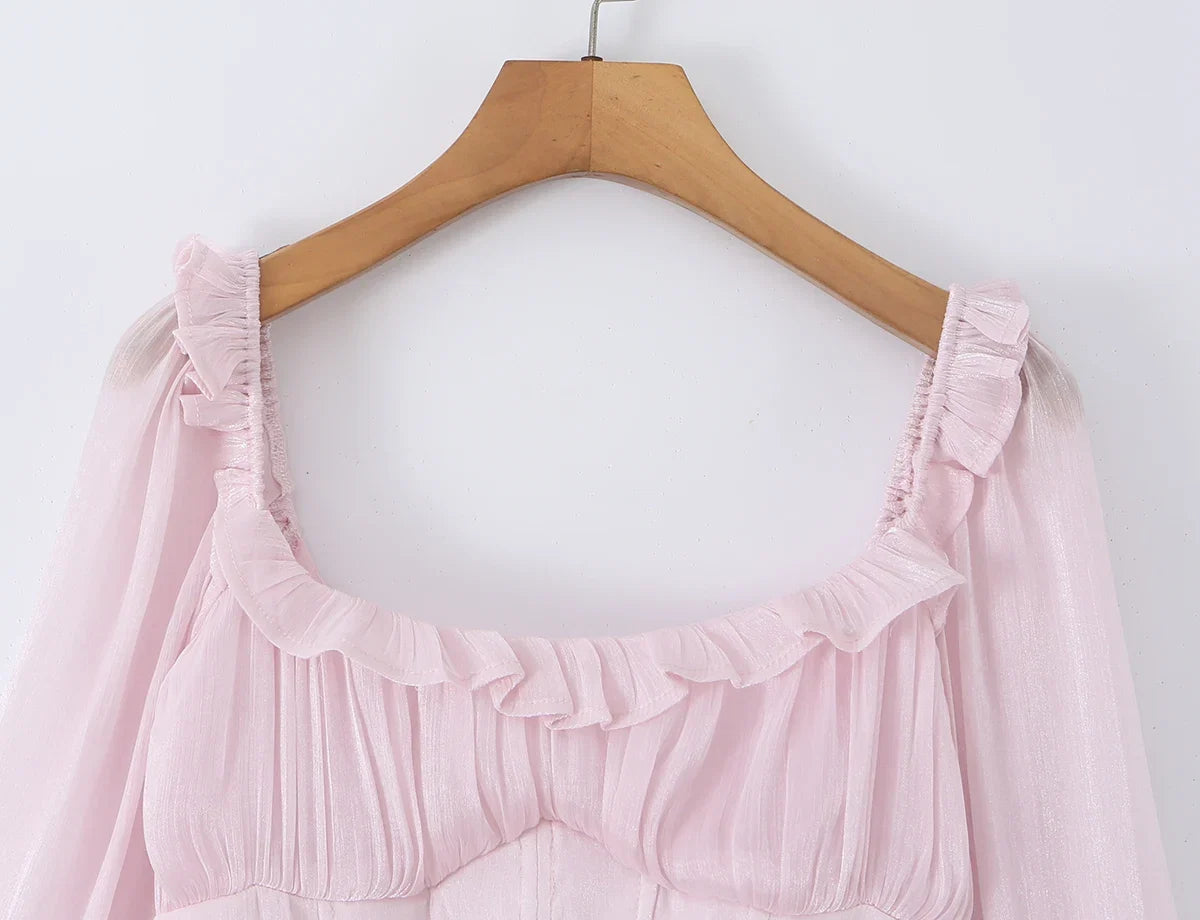CHIC Women Bight Pink Ruched Chest Puff Long Sleeve Dress Boning Low Waist Cross Bandage Lacing Up Back Short Dresses Robe