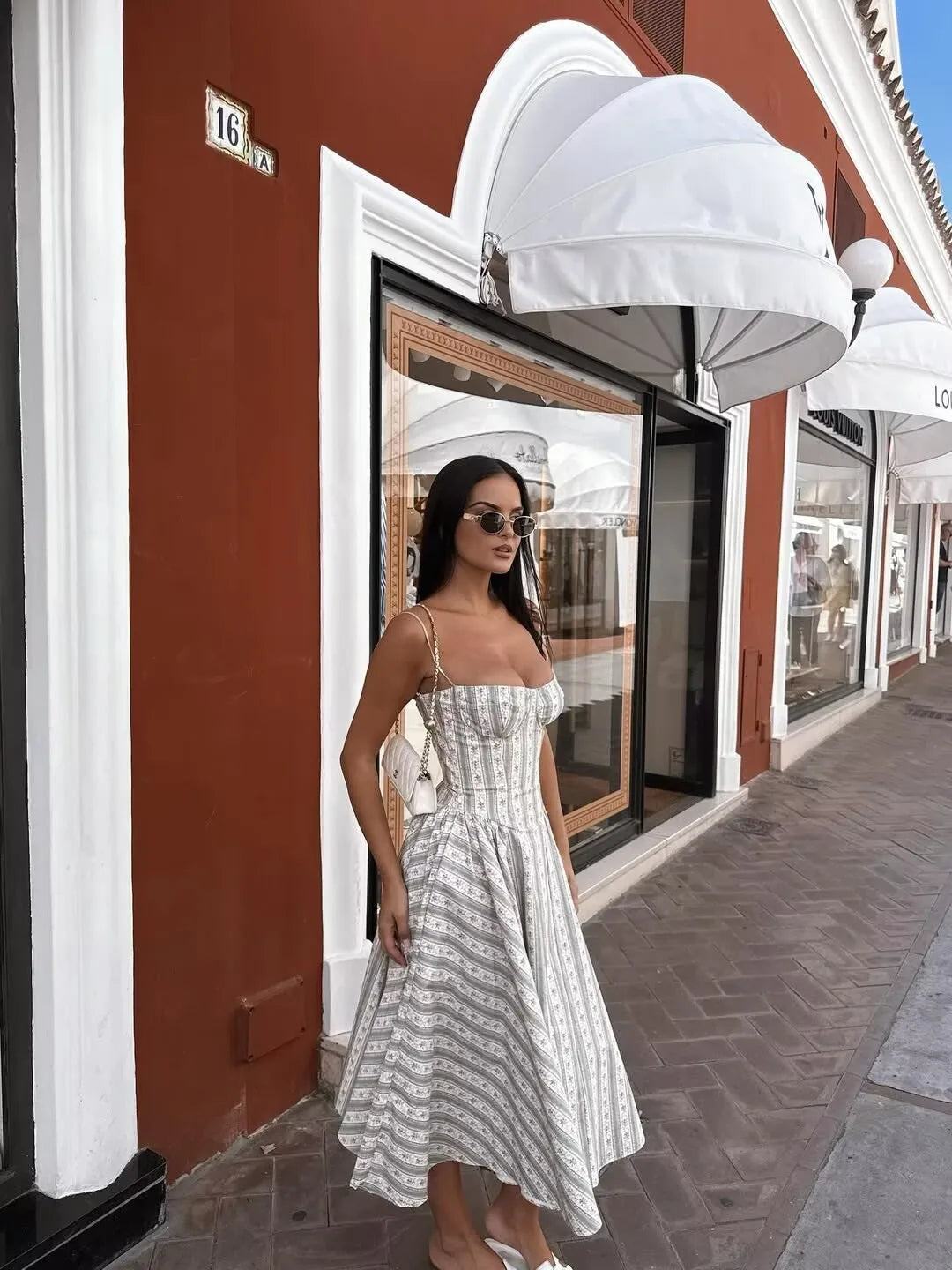 YENKYE Green Striped Floral Print Sexy Spaghetti Straps Dresses Women Elegant A-line Midi Vacation Party Dresses Summer Robe