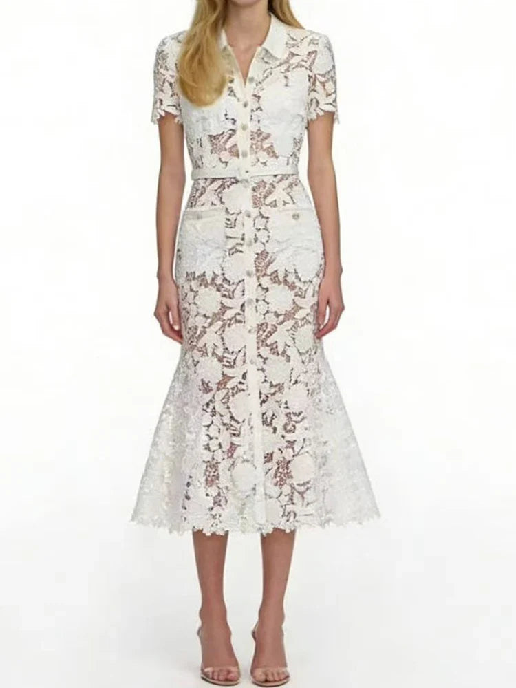 Fashion White Water-soluble Lace Fishtail Dress Women Elegant Temperament Turn-down Collar Slim Single-breasted Robe With Belt