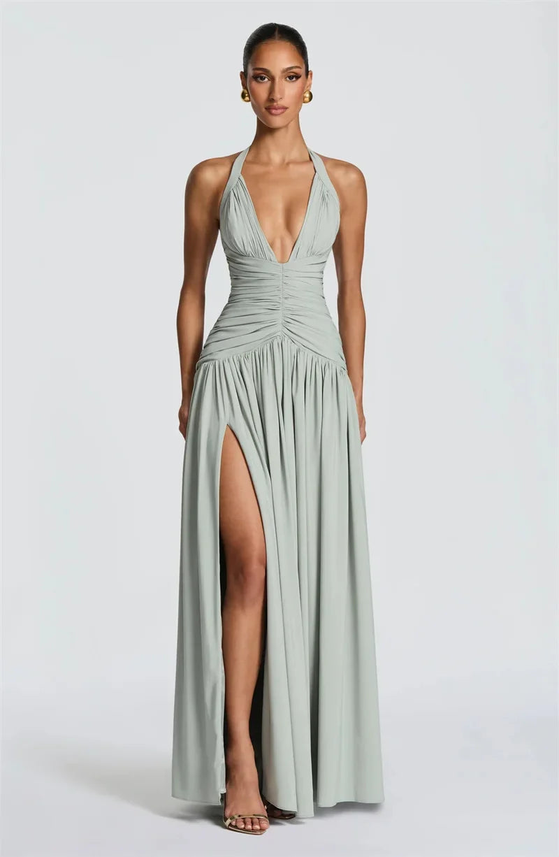 Mozision Halter Deep V Neck Sexy Maxi Dress Women Elegant Off-shoulder Sleeveless High Split Pleated Club Party Long Dress