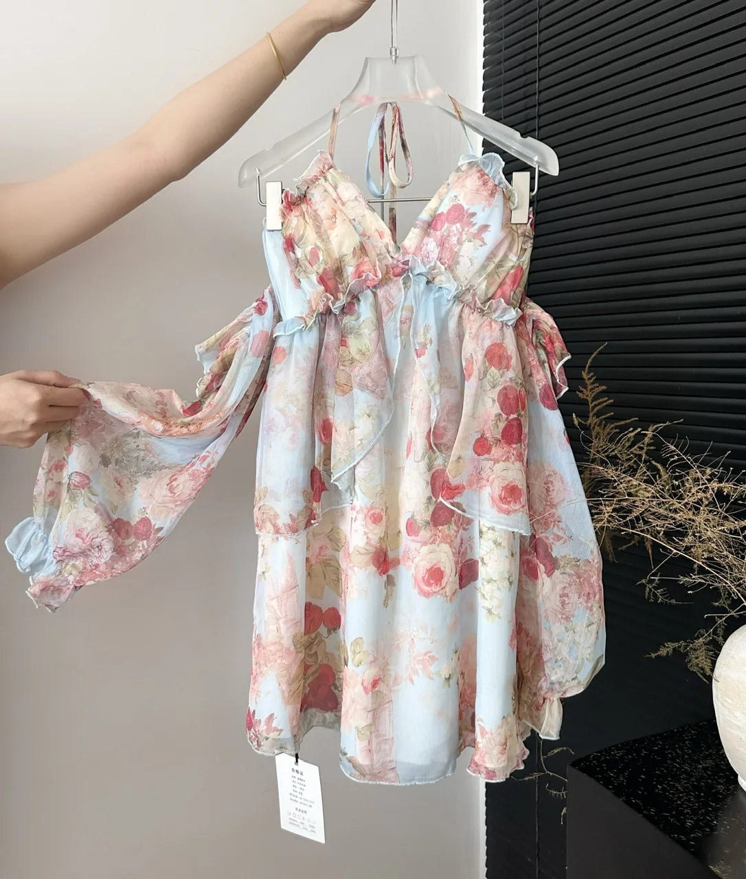 Summer French Vintage Mini Fairy Chiffon Floral Lantern Sleeve Dress Women Mori Romantic Frock Evening Court One-Piece Gyaru New