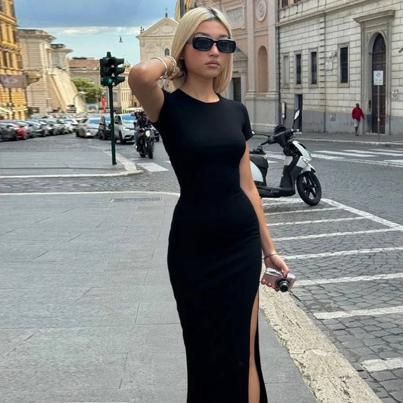Cryptographic Round Neck Short Sleeve Sexy Bodycon Long Dress Summer Outfits for Women Casual Split Black Dresses Solid Clothes