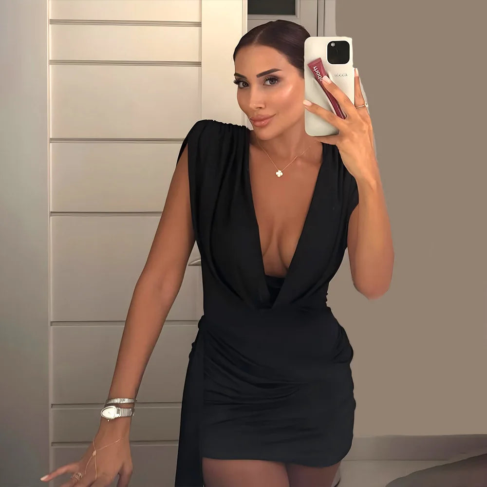 Cryptographic Elegant Ruched Draped V Neck Mini Dress Party Club Sexy Outfits for Women Sleeveless Sexy Bodycon Dresses Solid