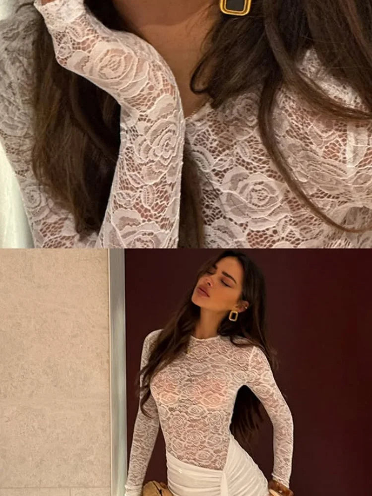 CNYISHE Lace Sheer Bodycon Sexy Club Women Dresses Solid Hip Wrap Fitness Skinny Trendy O Neck Long Sleeve Female Streetwear