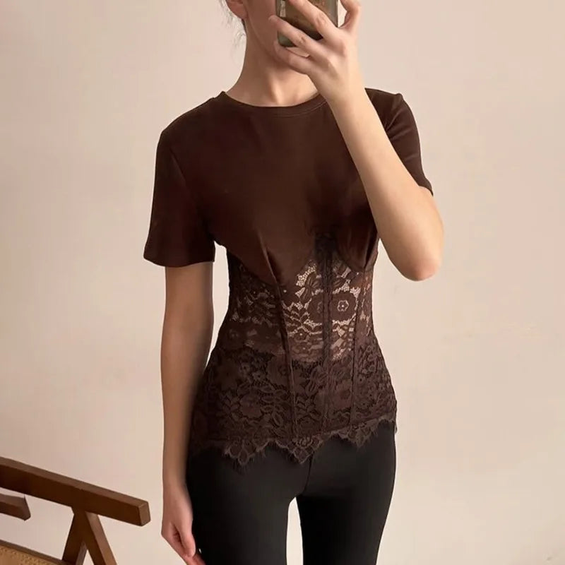 Tuularose Women's Summer Top Fashion Lace Print Patchwork See-Through New T-Shirt Chic Slim-Fit Casual Streetwear Female T-Shirt