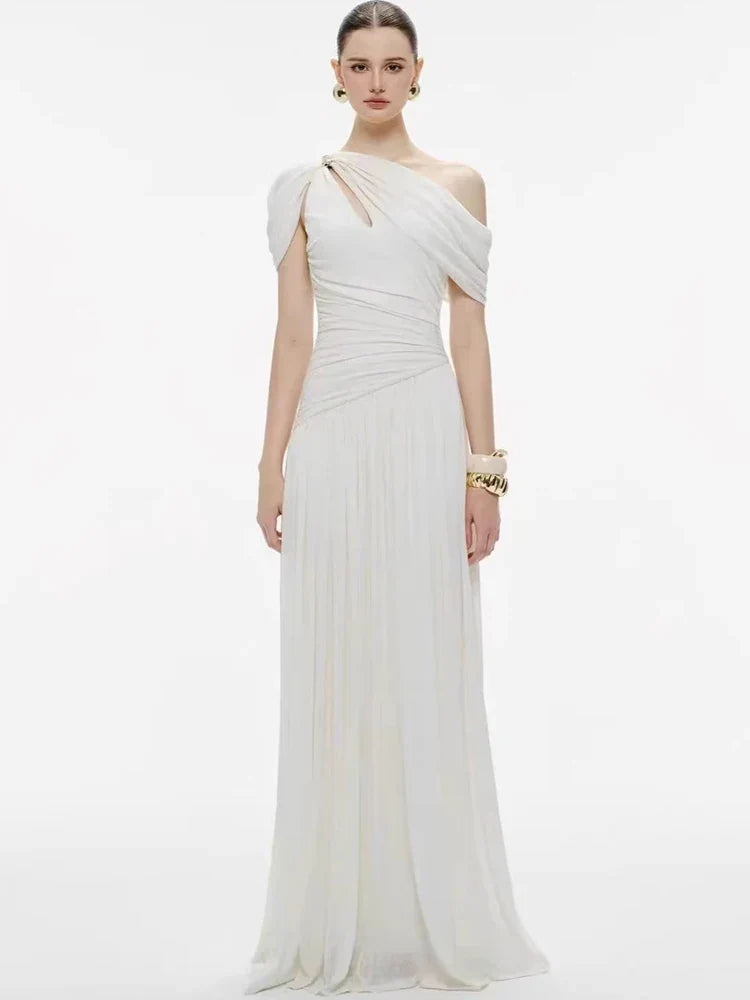 DEAT Elegant Dress Asymmetrical Pleated Long Hollow Out Solid Color Women's Evening Party Dresses 2026 Spring New Tide 35Z4129
