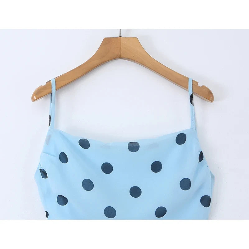 YENKYE Women Light Blue Polka Dot Sling Long Dress Sexy Backless Bandage Bodycon Casual Summer Sundress Chiffon Vestidos