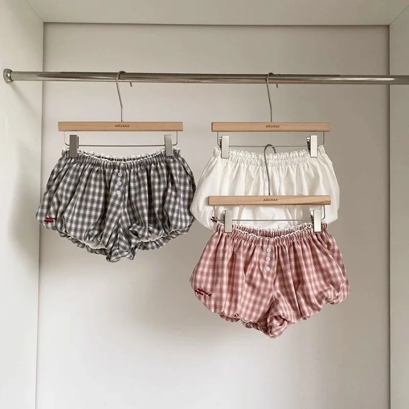 Womens Plaid Bubble Shorts Elastic Waist Bloomer Shorts Casual Short Pants Summer Streetwear