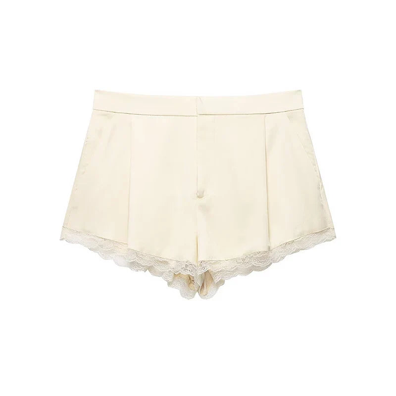 YENKYE Trendy Satin Lace Trim Shorts for Women 2026 High Waist Loose Fit Summer Shorts Fashion Bottoms
