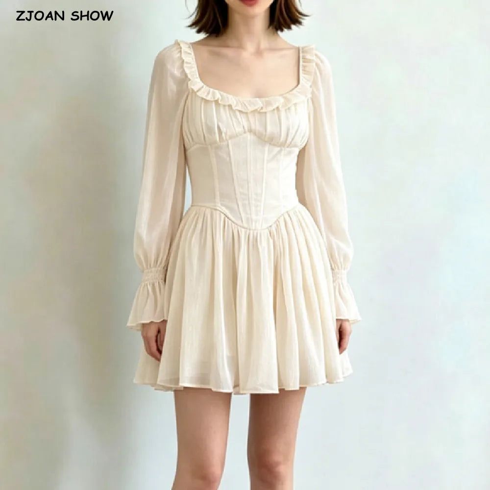 Women Bright Apicot Wood Ears Fold Chest Puff Long Sleeve Dress Boning Low Waist Cross Bandage Lacing Up Back Short Dresses Robe