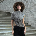 Cryptographic Fashion Ruched Asymmetrical Tops for Women Outfits Sexy Solid Sleeveless Chic Tops T-shirts Slim Summer Clothes