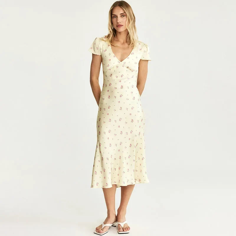Tuularose Floral Print Long Dress Women's Sexy V Neck Short Sleeve High Waist Dress Female Fashion Casual Vacation Slim Dresses