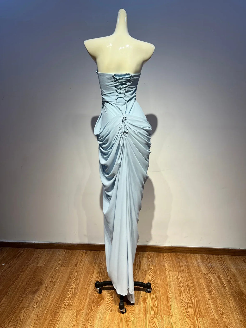 VC Elegant Blue Strapless Pleated Ruched Maxi Dress for Women Sexy High Split Bodycon Evening Gown Party Cocktail Dress vestidos