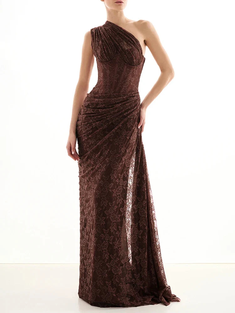 VC 2026 Yellow One Shoulder Corset Lace Maxi Dress For Women Side Ruched High Slit Wedding Guest Bridesmaid Formal Dress