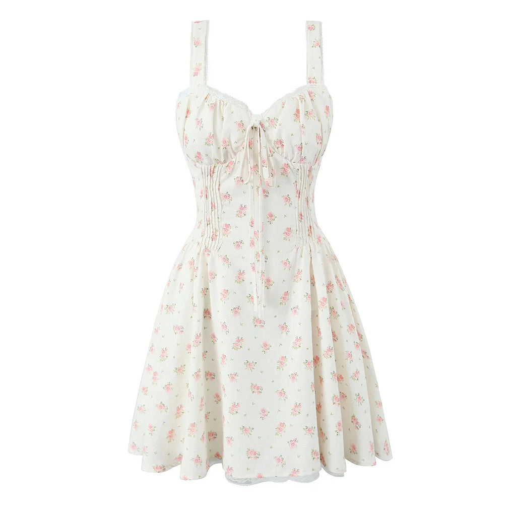 YENKYE Elegant Women Lace Patchwork Floral Print Sling Mini Dress Sleeveless Low Waist A-line Holiday Party Dresses Summer Robe
