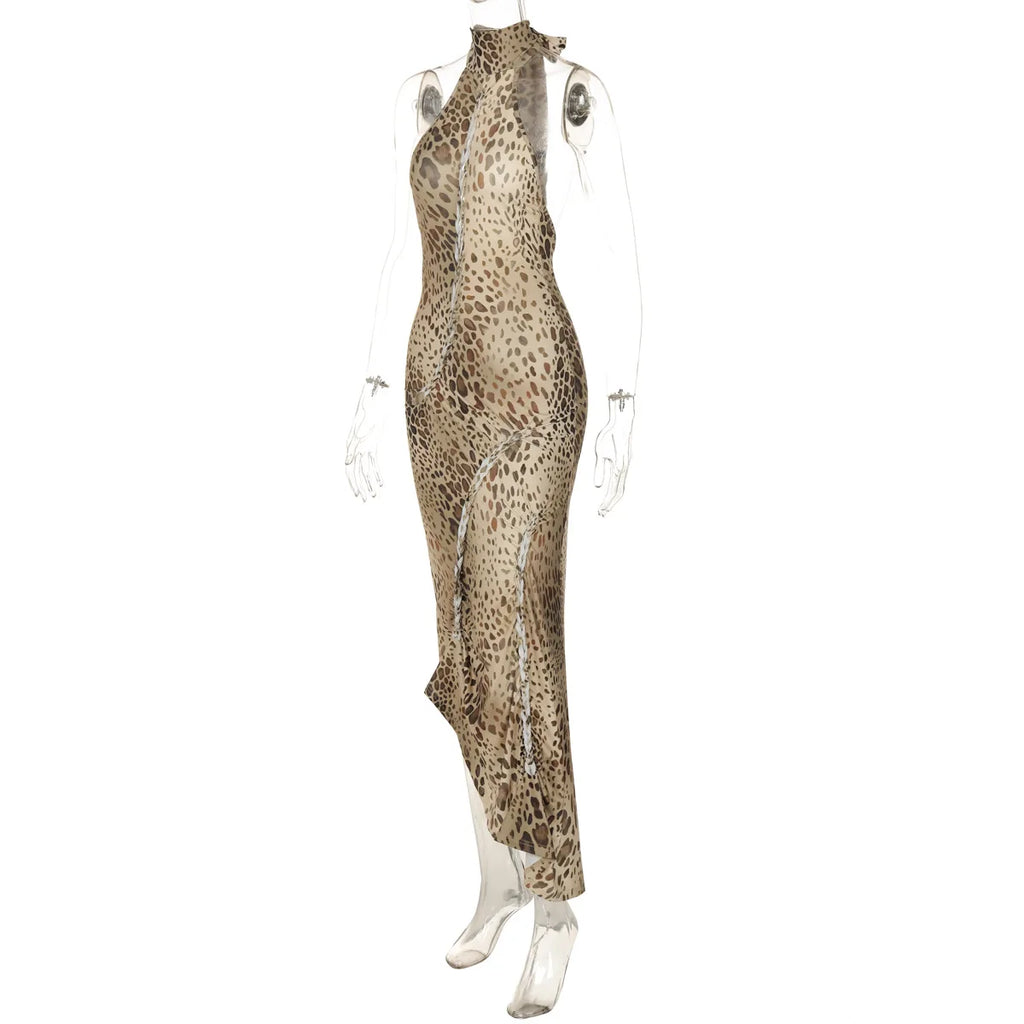 Cryptographic Fashion Halter Leopard Sexy Backless Maxi Dress Women Club Outfits Bandage Embellished Long Dresses Robe Clothes