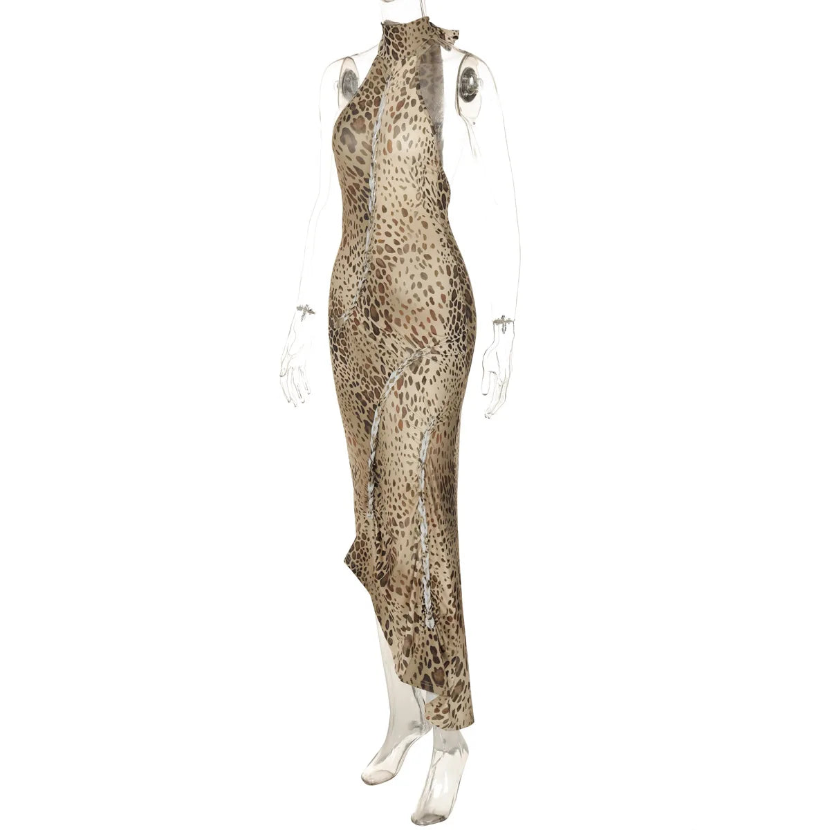 Cryptographic Fashion Halter Leopard Sexy Backless Maxi Dress Women Club Outfits Bandage Embellished Long Dresses Robe Clothes