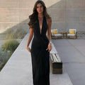 Cryptographic Elegant Halter Draped Ruched Maxi Dress for Women Party Club Outfits Sexy Backless Deep V Neck Split Dresses Gown