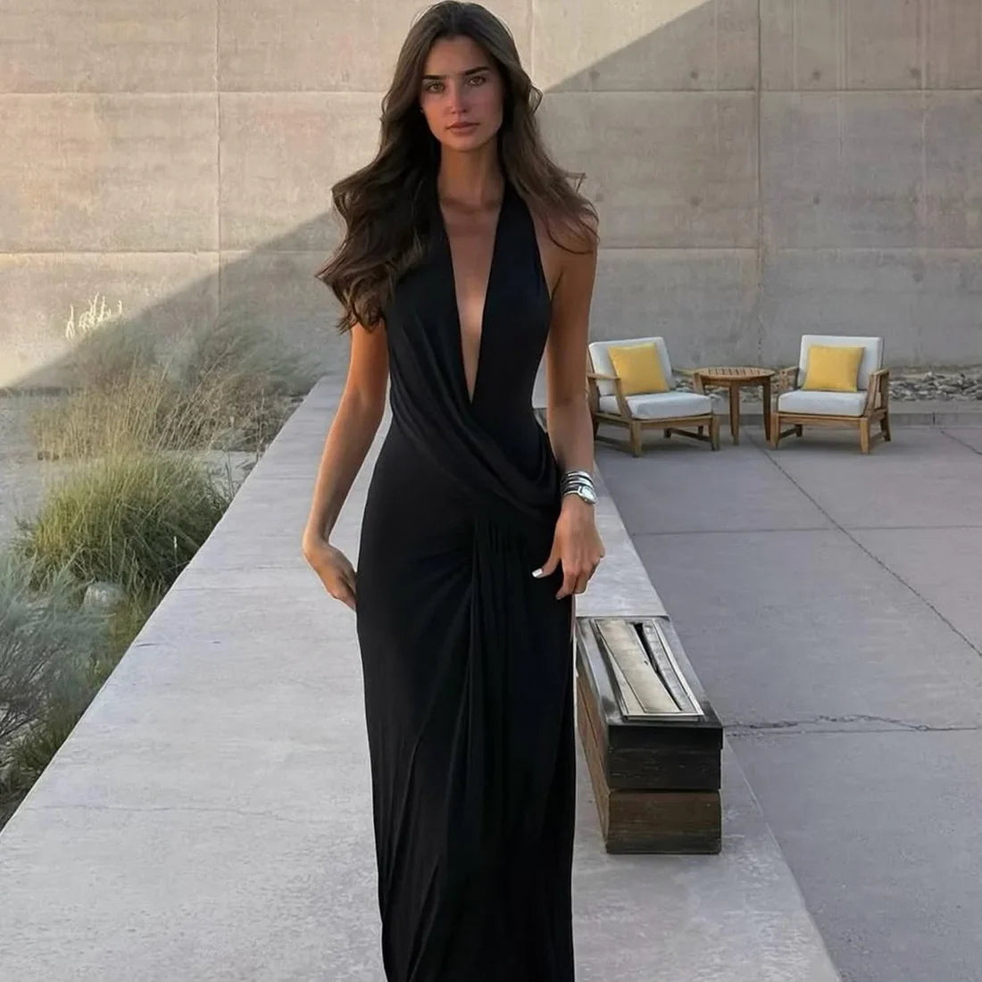 Cryptographic Elegant Halter Draped Ruched Maxi Dress for Women Party Club Outfits Sexy Backless Deep V Neck Split Dresses Gown