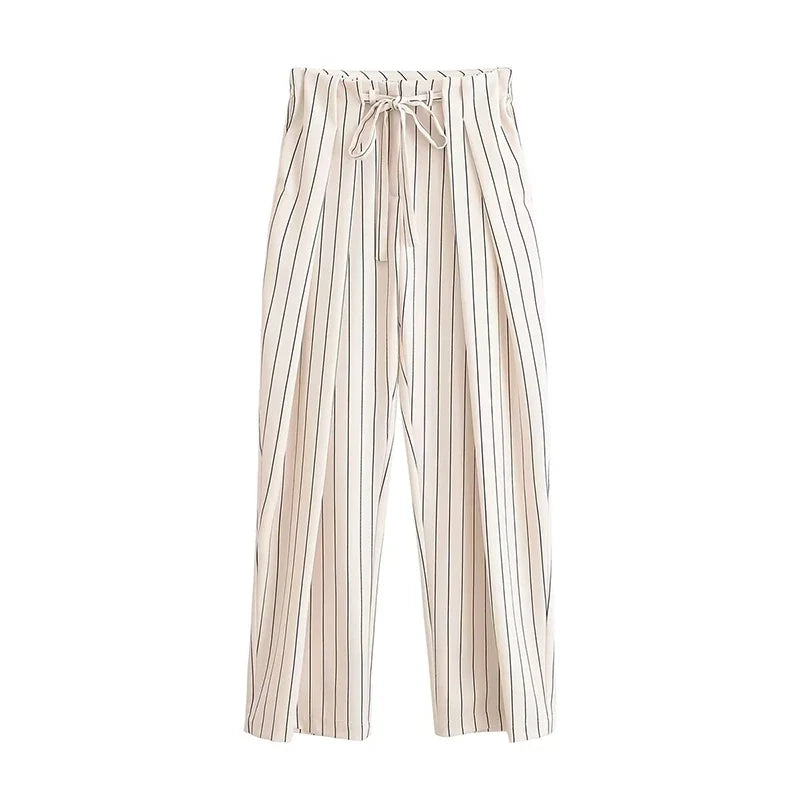 YENKYE 2026 Women Vertical Striped Wide Leg Pants Drawstring Waist Pleated Trousers Casual Loose Fit Pants