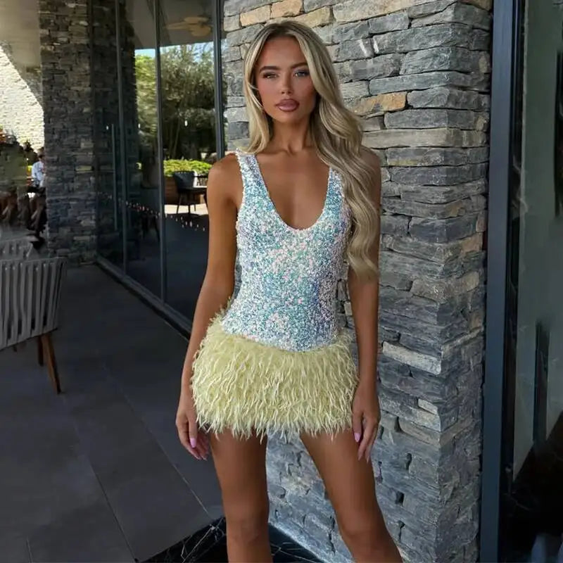 Avrilyaan Colorful Diamond Pattern Sequin Slit Sexy Dress Women 2025 Elegant Party Dress Backless Mini Summer Dress Vestidos