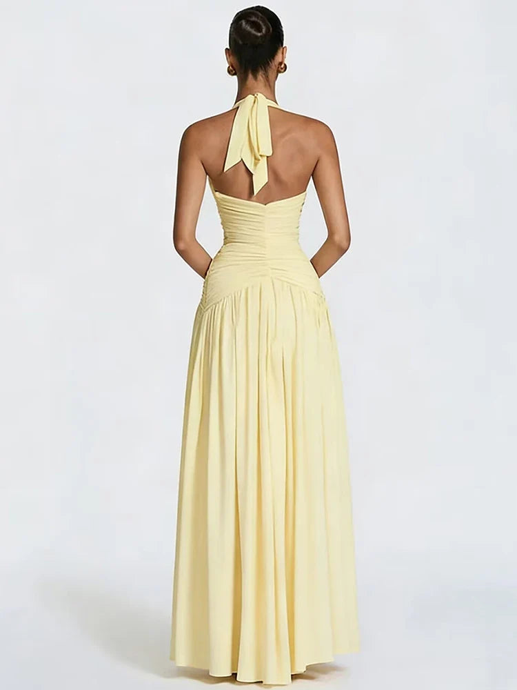 Mozision Halter Deep V Neck Sexy Maxi Dress Women Elegant Off-shoulder Sleeveless High Split Pleated Club Party Long Dress