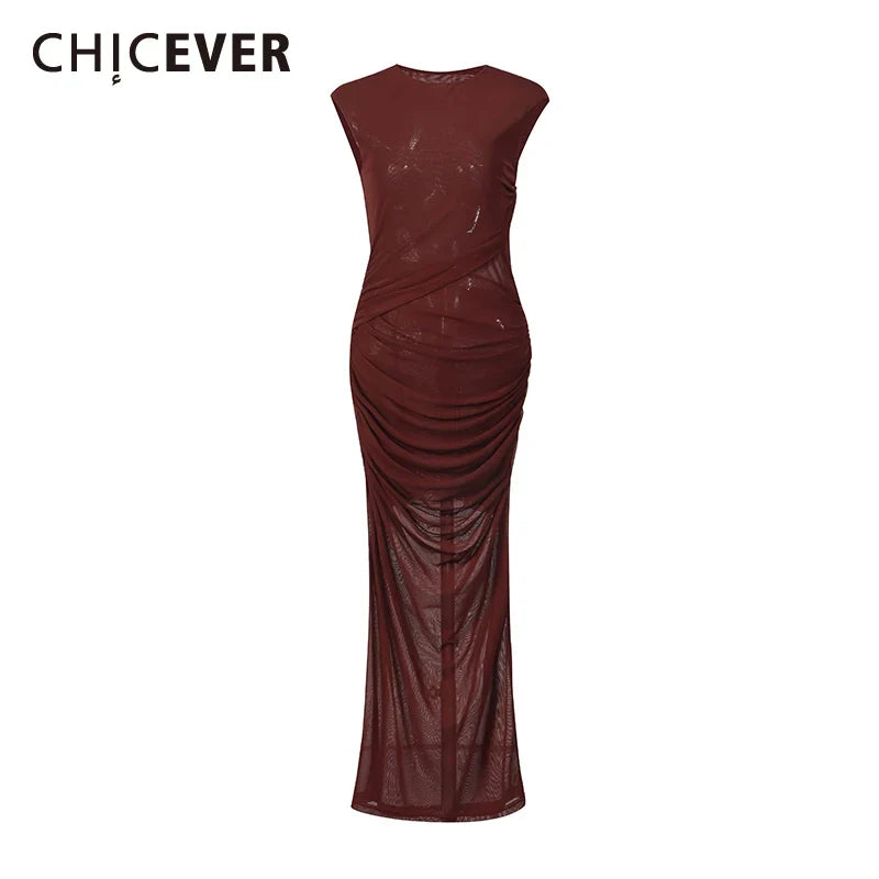 CHICEVER Solid Spliced Folds Chic Dress Female O Neck Sleeveless Slimming Intellectual Temperament Women's Dresses Summer Style