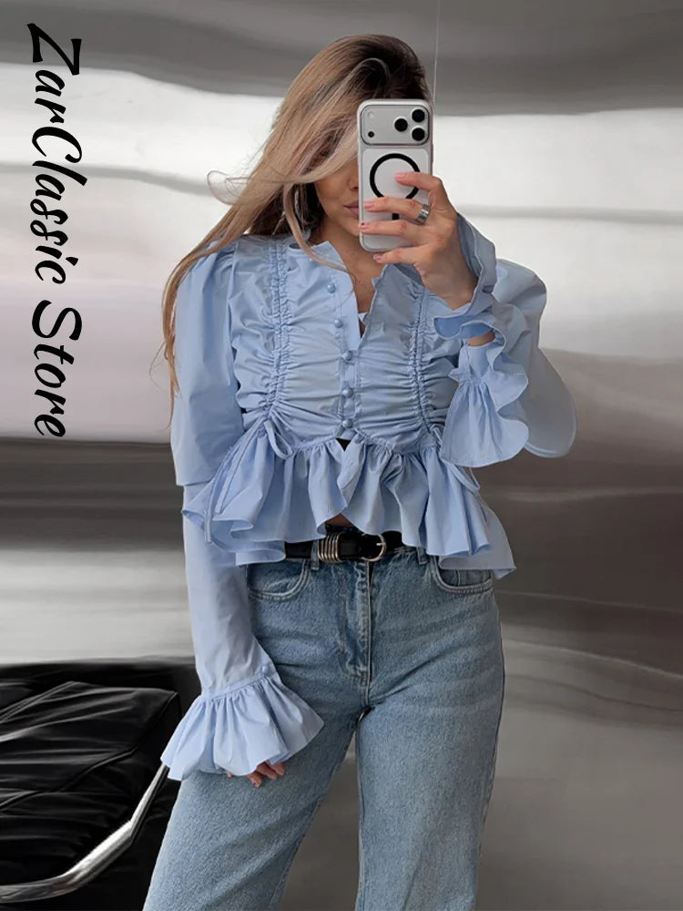 Fashion Street Ruffle Women's Blouse Solid Single Breasted Full Sleeve Pleated Cropped Shirt Lady New Casual Spring Clothing