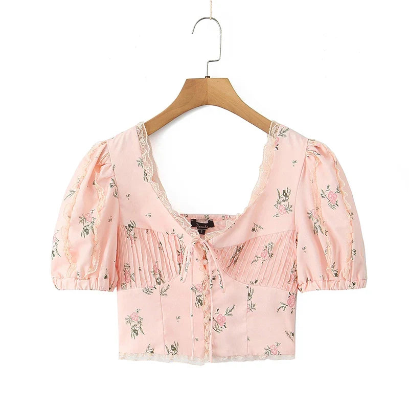 2024 Women Summer Vintage Floral Print Bow Tied Cropped Tank Tops Fashion V-Neck Short Sleeve Female Casual Chic Tops Vestidos