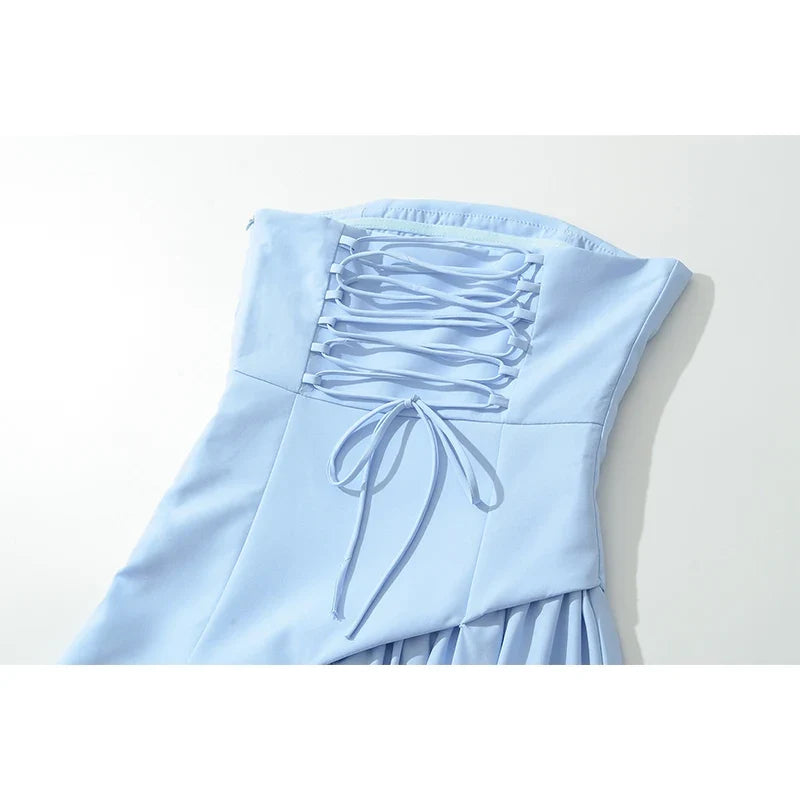 Women Light Blue Strapless Long Dress Asymmetrical Ruched Sexy Slit Lace Up Party Dresses Elegant Formal Evening Gown With Scarf