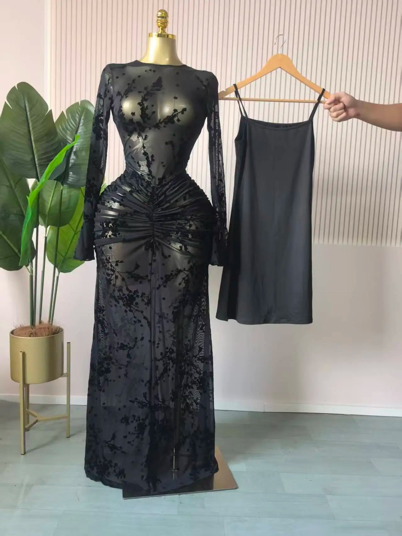 CM.YAYA Women Long Sleeve Stacked Mesh See Though with Lining Bodycon Long Dress 2025 Autumn Evening Birthday Sexy Party Dresses