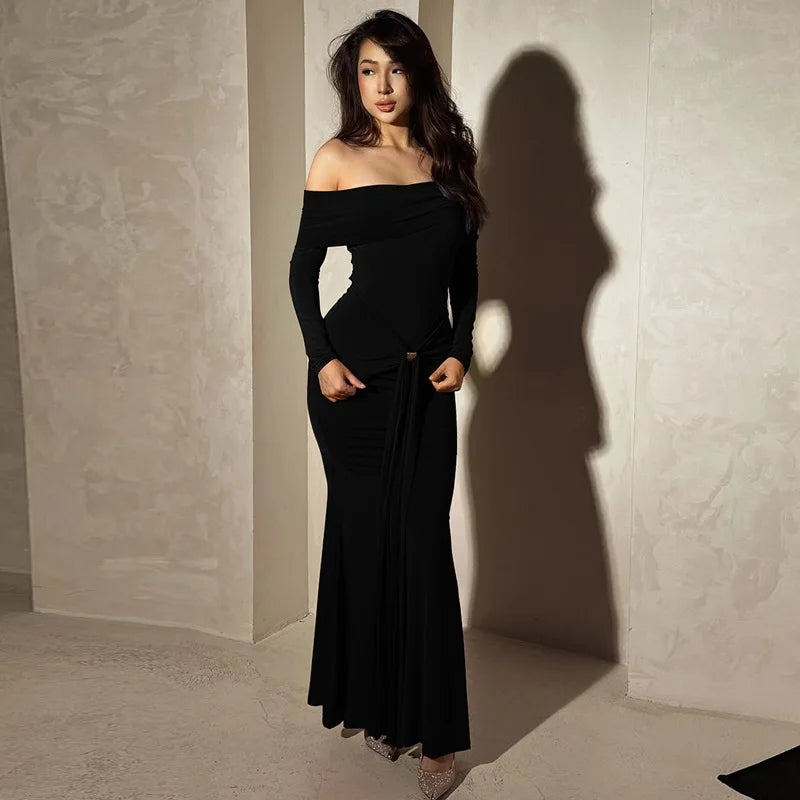 Cryptographic Elegant Off Shoulder Ruched Maxi Dress Women Party Club Outfits Autumn Long Sleeve Bodycon Dresses Gown Clothes