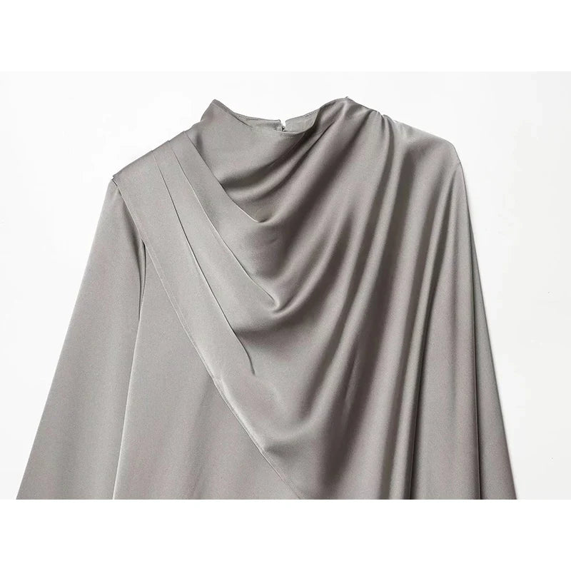 YENKYE New 2026 Women Shawl Design Satin Blouse Long Sleeve Spring High Street Elegant Tops