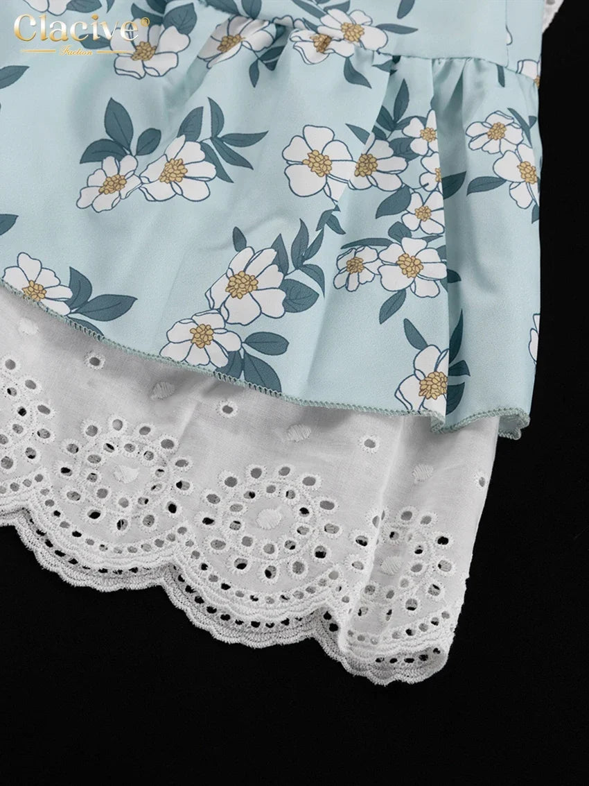 Clacive Summer Slim Print Women's Dress Fashion Slash Neck Short Sleeve Mini Dresses Elegant High Waist Patchwork Female Dress