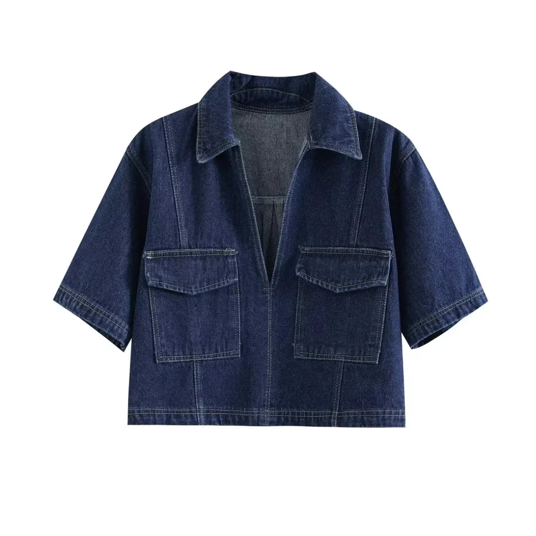 2025 Women's Fashion Flip Pocket Decoration Short Flip Collar Slim fit denim Top + Asymmetric Denim Skirt 2 Piece Set
