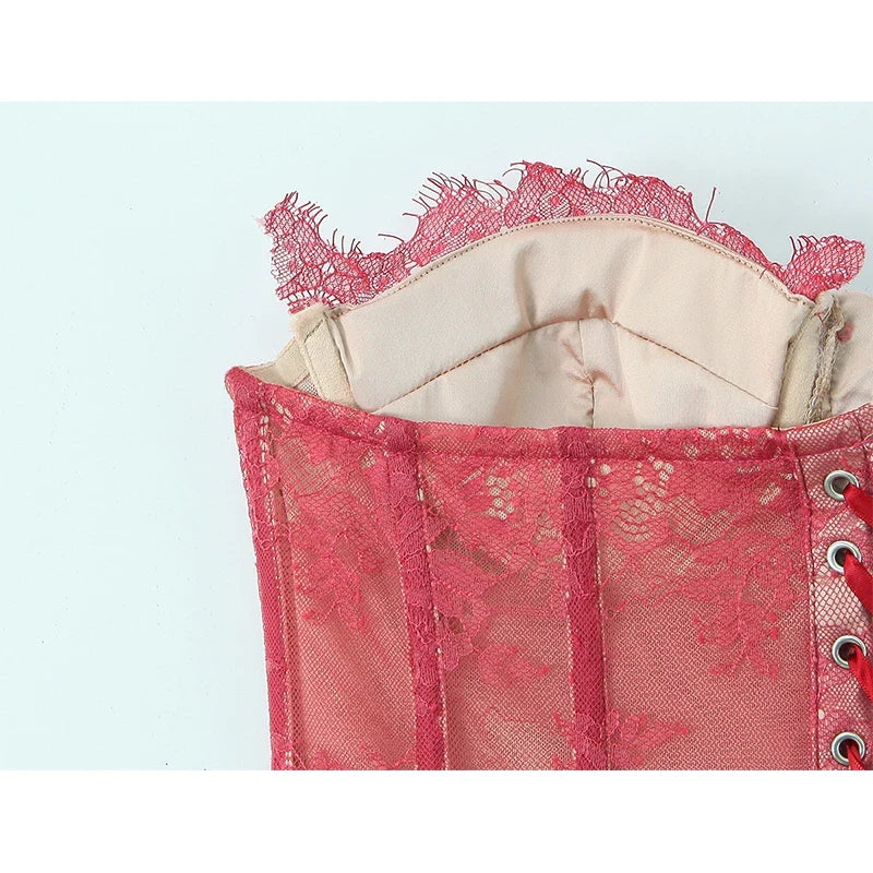 YENKYE 2026 New Women's Burgundy Lace Strapless Corset Top Lacing Up Bandage Back Sexy Crop Top For Club Party