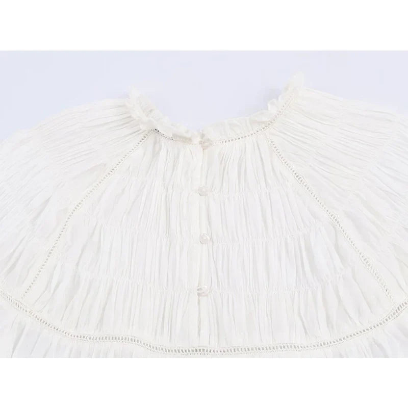 YENKYE Romantic Honeycomb Smocked White Blouse Women Lantern Sleeve Round Neck Casual Spring 2026 Tops