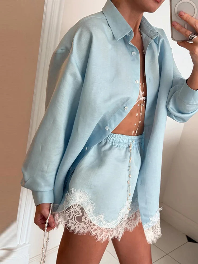 Beach Shirts Shorts Outfits Women Lapel Single Breasted Long Sleeves Lace Patchwork Sets Female 2026 Spring Summer Holiday Sets
