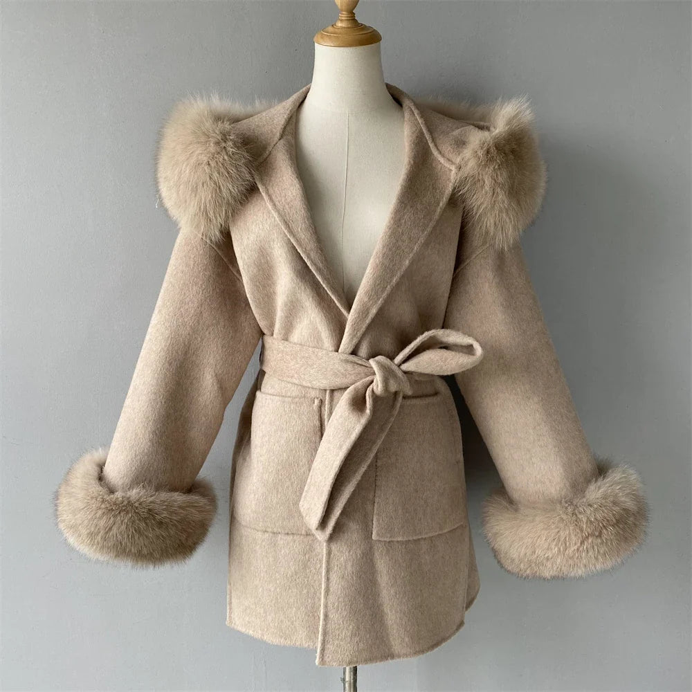 Jaxmonoy Women's Wool & Blends Coat With Real Fox Fur Ladies Autumn Winter Fashion Warm Loose Jacket with Hooded New in Outwear