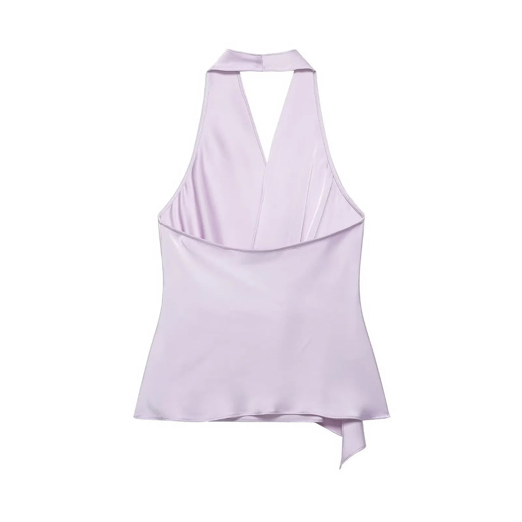 4 colors Sexy Ruched Cross Front Satin Halter Tank Top Women One Button Side Asymmetric Camisole Camis Crop Tee Brown Lavender