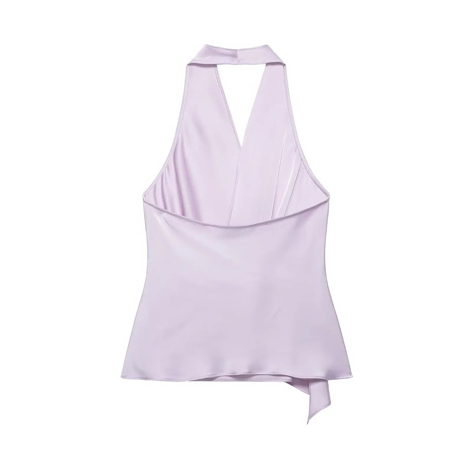 4 colors Sexy Ruched Cross Front Satin Halter Tank Top Women One Button Side Asymmetric Camisole Camis Crop Tee Brown Lavender