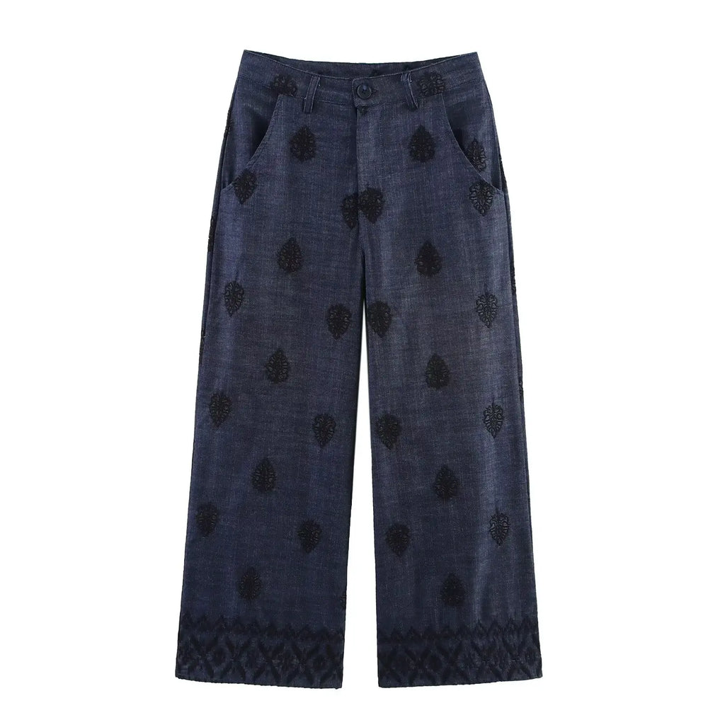 YENKYE New 2025 Women High Waist Embroidery Wide Leg Pants Patch Pockets Vintage Casual Female Trousers pantalones de mujer