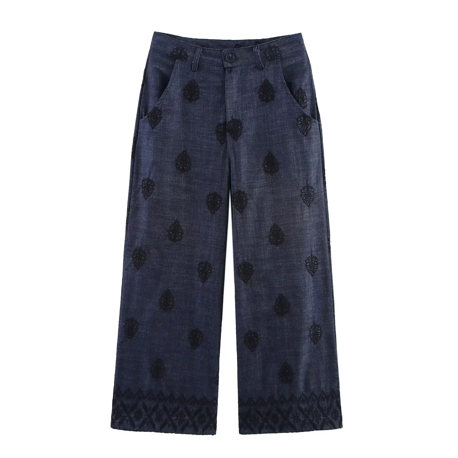 YENKYE New 2025 Women High Waist Embroidery Wide Leg Pants Patch Pockets Vintage Casual Female Trousers pantalones de mujer
