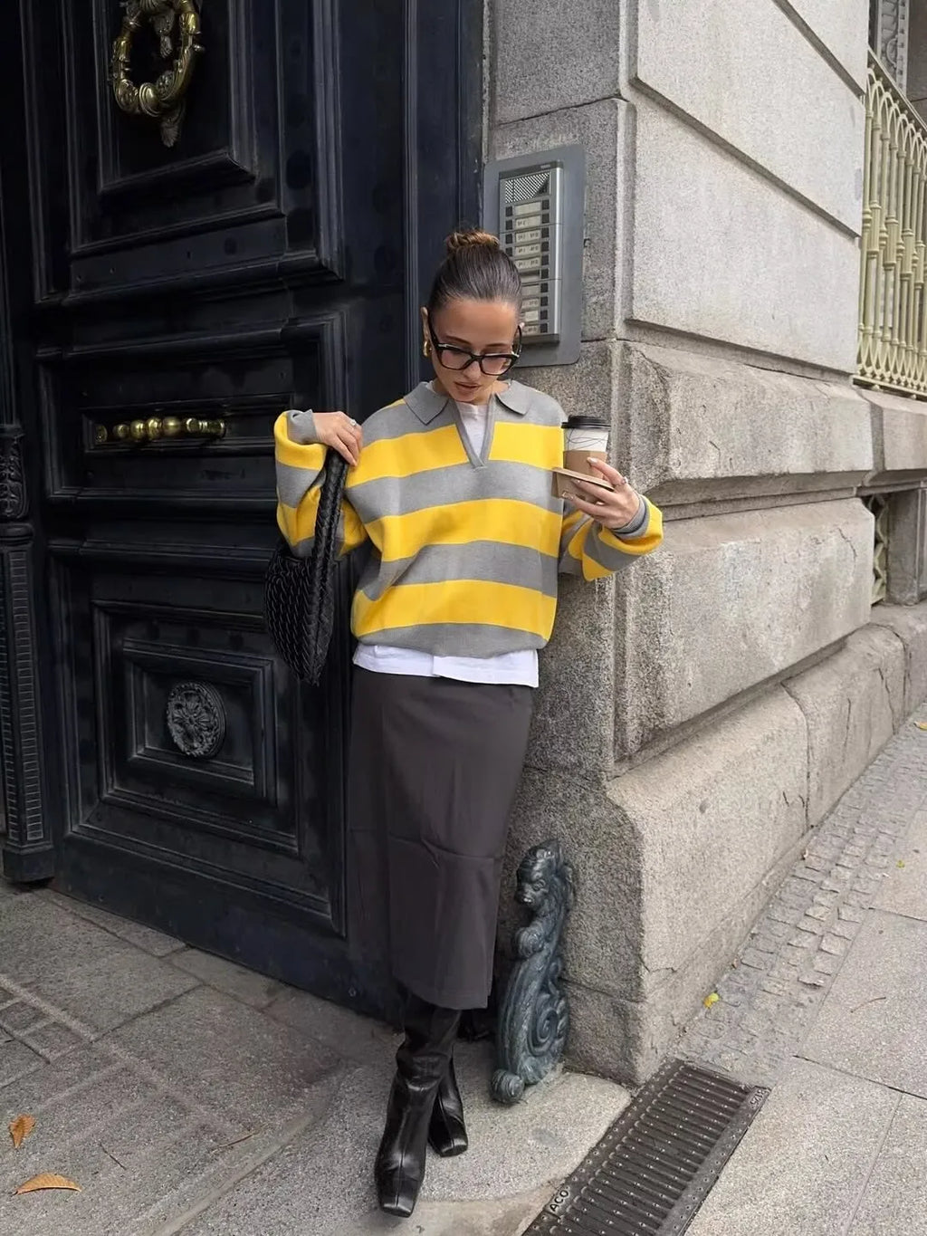 YENKYE 2025 Women Striped Knit Polo Neck Sweater Long Sleeve Casual Loose Autumn Pullover Tops