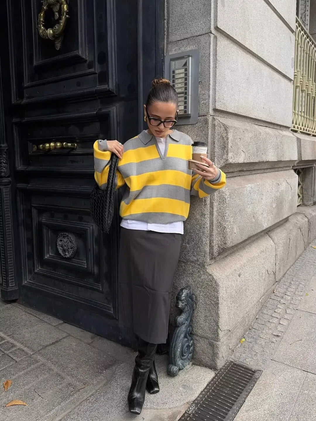 YENKYE 2025 Women Striped Knit Polo Neck Sweater Long Sleeve Casual Loose Autumn Pullover Tops